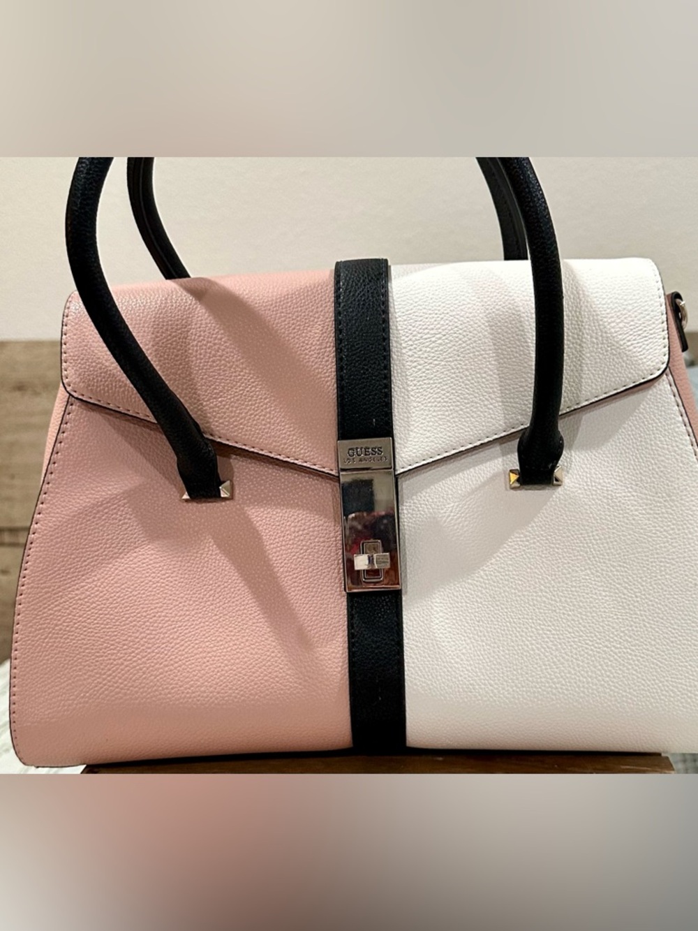 Guess Pink & White Two-Tone Satchel with Black Trim